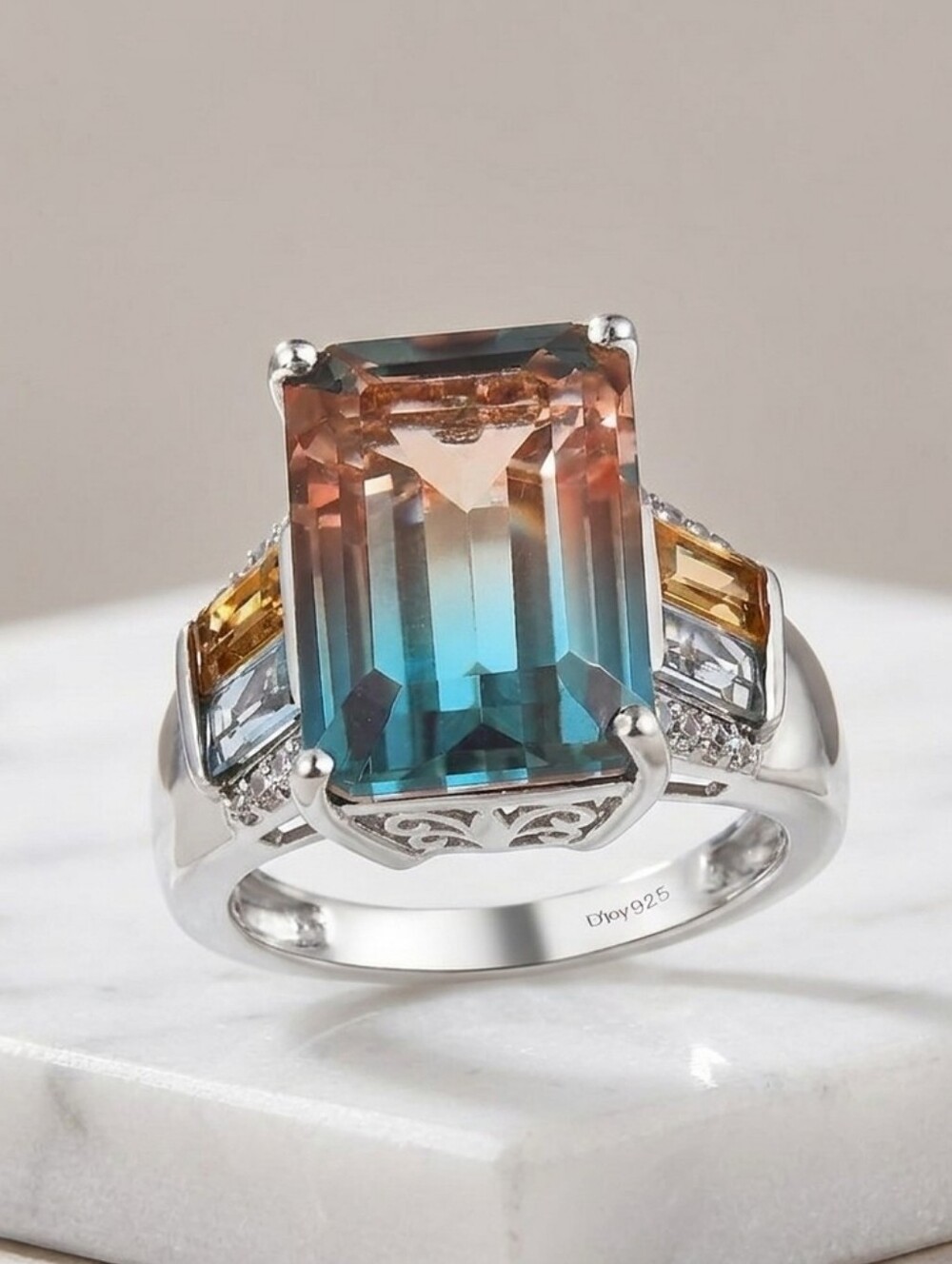 Art Deco Aqua Terra Costa Quartz Ring Platinum Over Sterling Silver 8.85 CTW